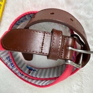 Reel Point Shelter Island 1908 Pink Canvas Leather Belt Solid Brass Buckle 34
